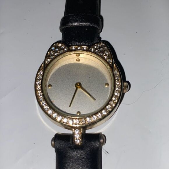 Jessica Carlyle Women's Gold Tone Black Band Cat Rhinestone Bezel Quartz Watch - Picture 11 of 12